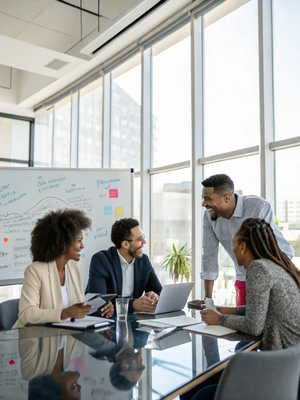 A professional coach facilitating a strategic planning session with a business team in a modern UK office, emphasizing collaboration and goal-setting.