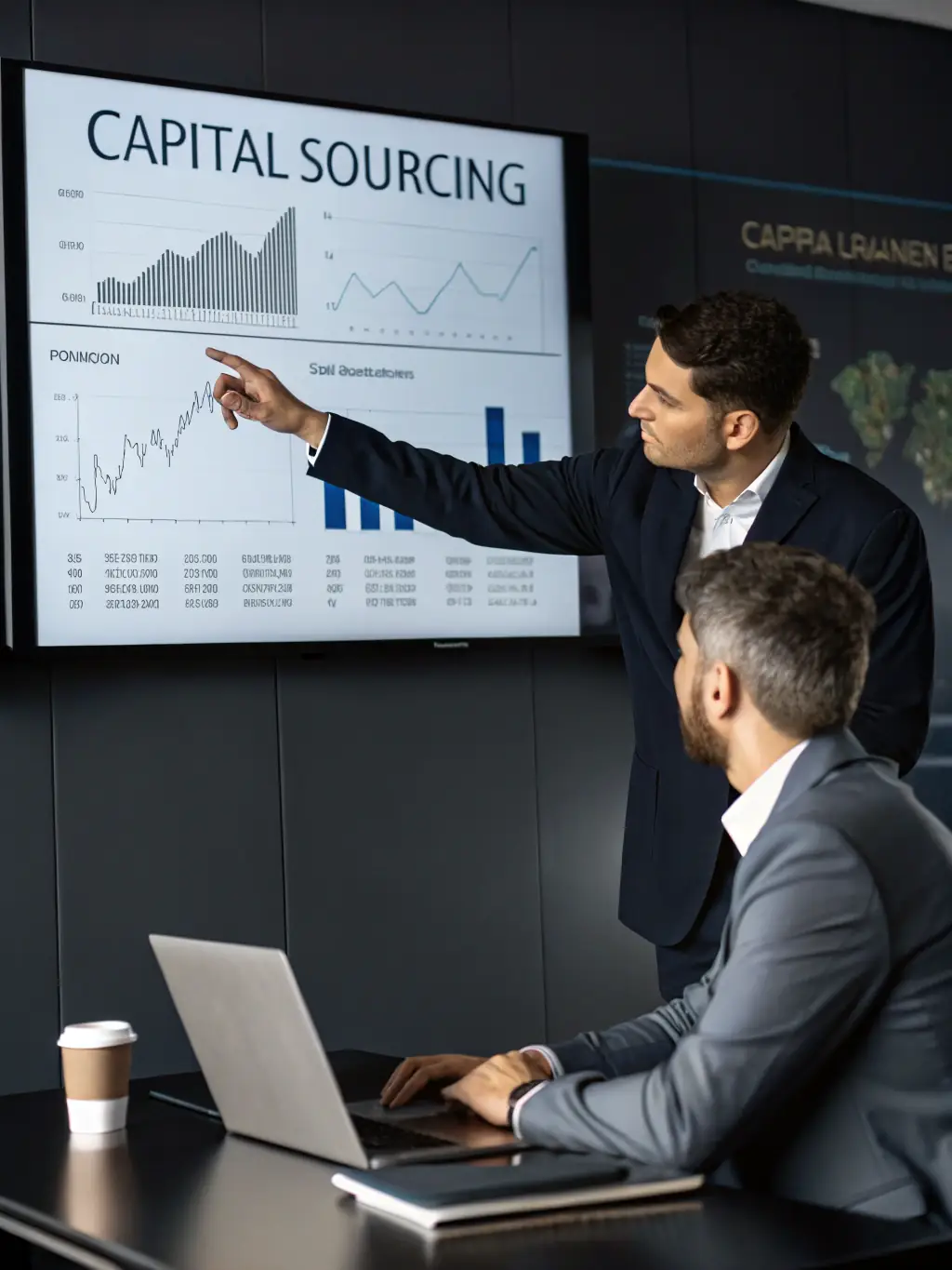 A coach guiding a business owner through financial statements and performance metrics, highlighting key areas for improvement and growth.