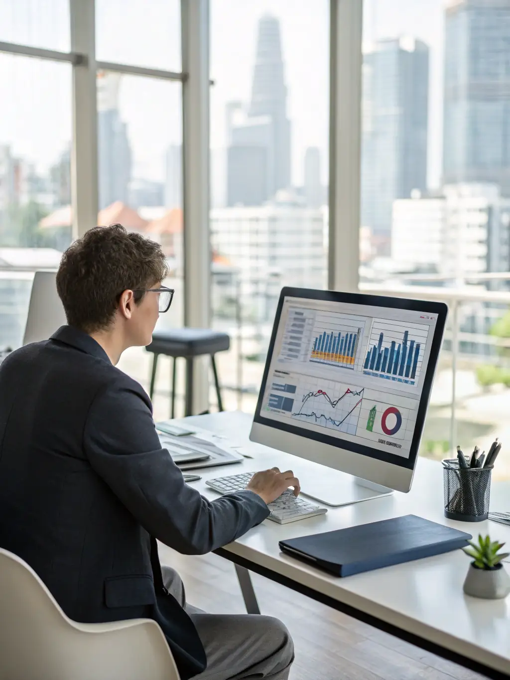 A business professional analyzing data and financial reports on a computer, identifying key performance indicators and areas for improvement.