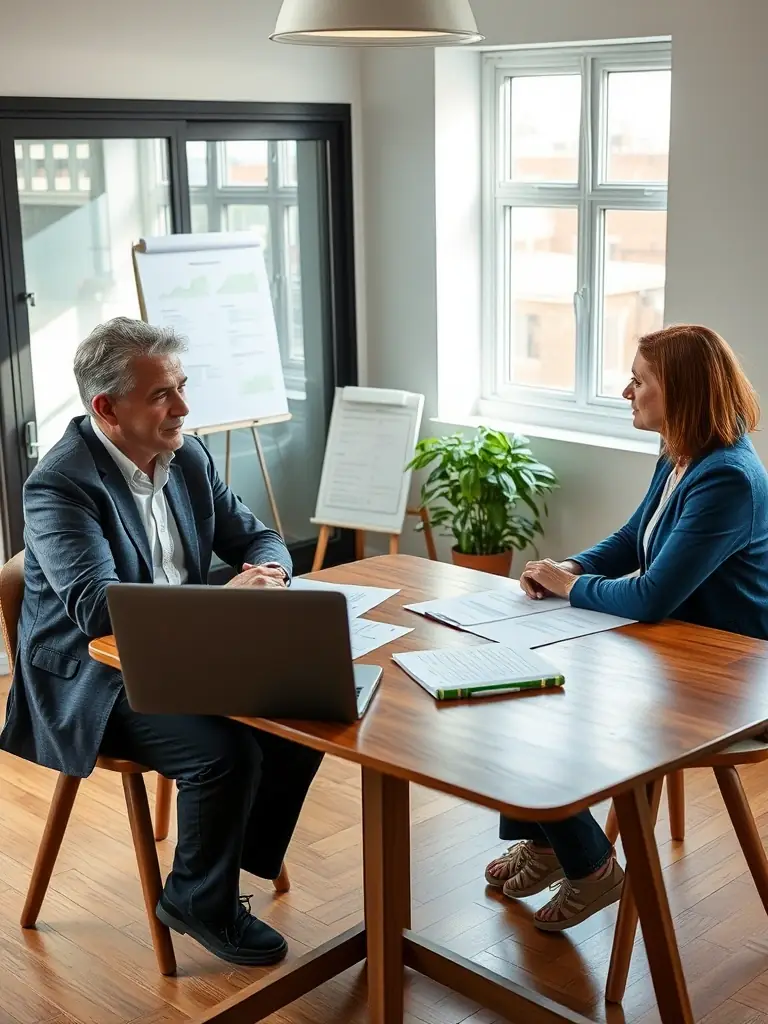 A business coach conducting a one-on-one session with a client, focusing on personal development and career advancement strategies.