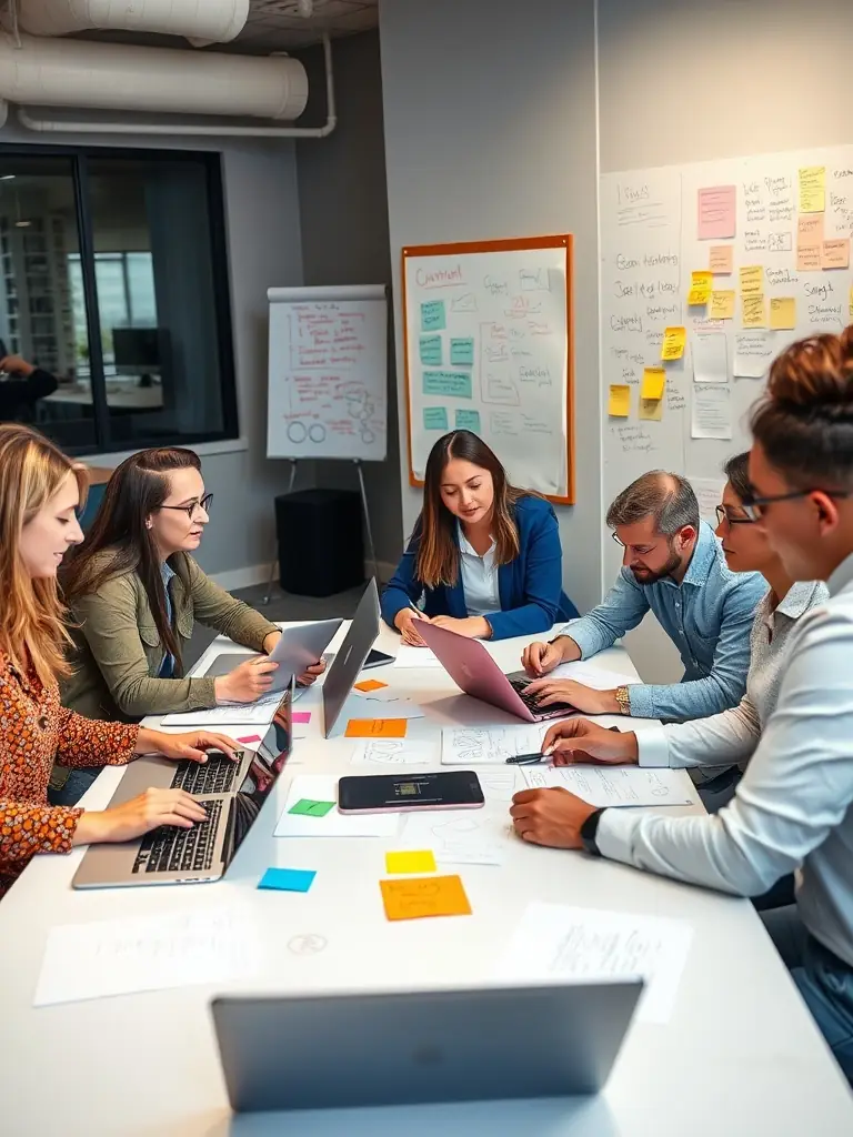 A diverse team of professionals collaborating in a brightly lit office, brainstorming innovative solutions for business challenges.